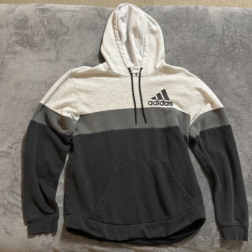 ADIDAS Mens Graphic Hoodie Jumper Medium Grey & Black Colourblock‎ Cotton